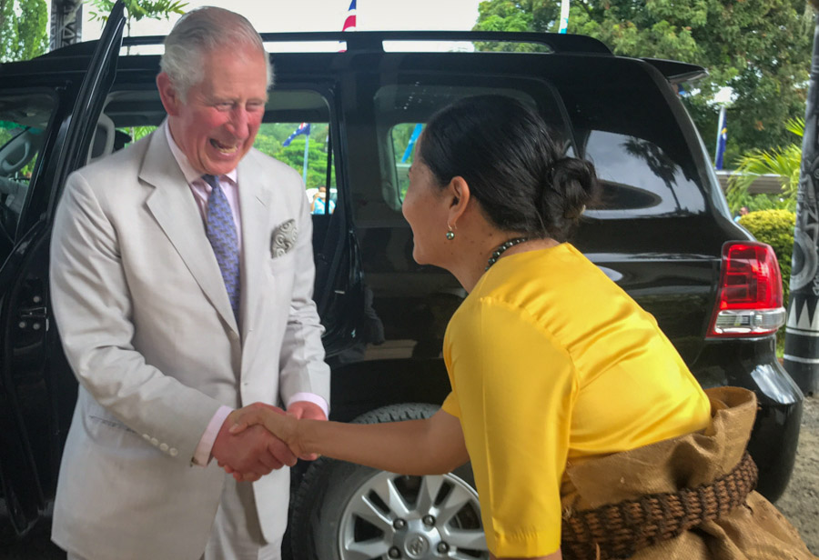 HRH, the Prince of Wales being welcomed at the FFA Secretariat by Dr Tupou-Roosen. Photo: FFA.