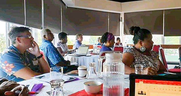 Participants listen to a guest speaker at the February One Ocean Hub workshop in the Pacific. Photo: Dr Transform Aqorau.