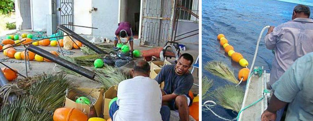 composite photo. Left image 3 men with leaves, floats, anchors, making anchored fish-aggregating devices. Right photo: two men on a small boat at sea feeding anchored FADs into the water. Photos: Forum Fisheries Agency.