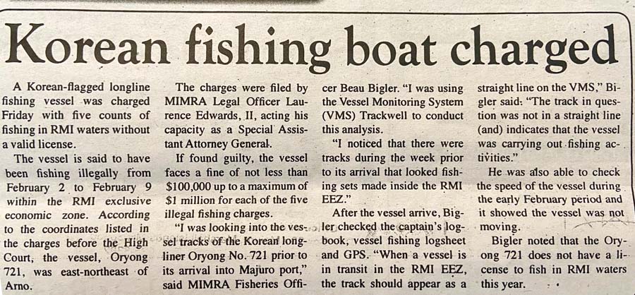 image of newspaper story on charges laid in Marshall Islands against a Korean longline fishing vessel