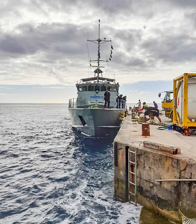 Cook Island Pacific Patrol Boat Te Kukupa at Alofi Wharf, Niue, during 2020 surveillance Operation Island Chief. Photo: Niue NHQ.