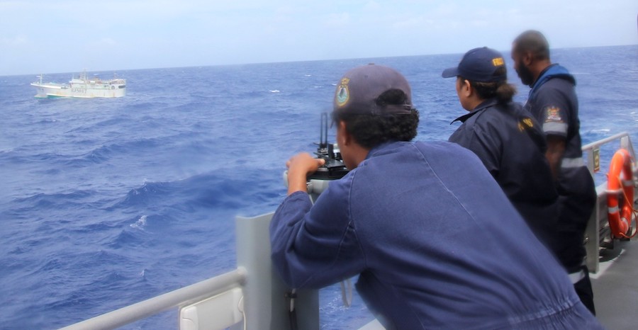 Officers on the Fijian patrol vessel RFNS Savenaca assessing a fishing contact during Operation Kurukuru. Photo: Fiji NHQ.