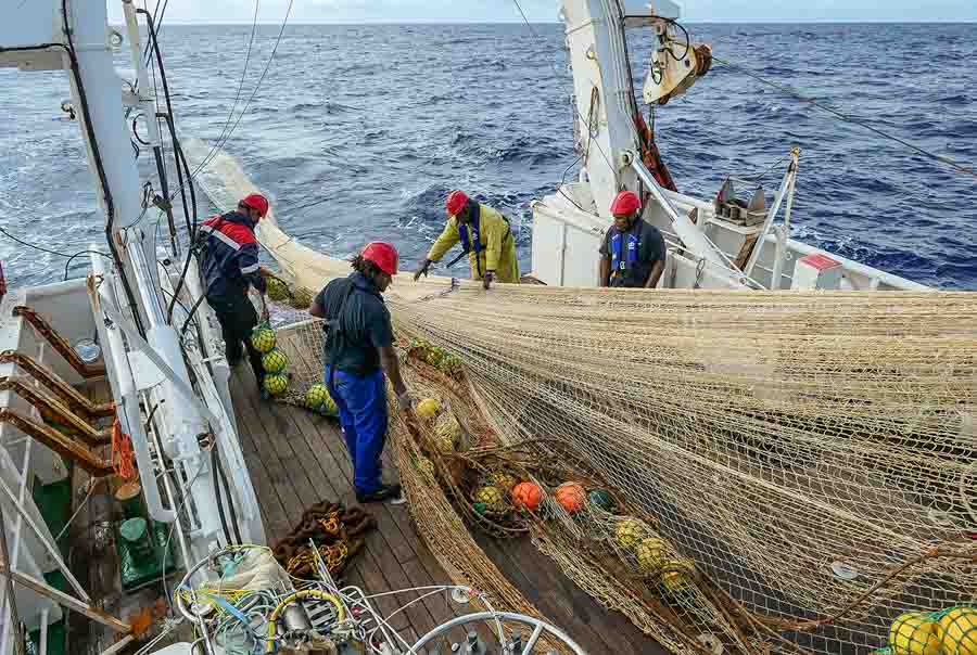 Crew on the research vessel Alis haul in a net full of micronekton during the 2020 research cruise in New Caledonian waters. Photo: Valérie Allain, SPC.