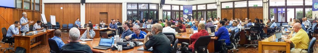 Pacific fisheries officials and their collaborating partners at the annual MCS Working Group meeting at FFA headquarters, Honiara, Solomon Islands, 2017. Photo: Fatu Tauafiafi/Pacific Guardians.