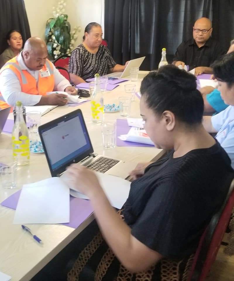 Officials attending a Tonga Ocean 7 meeting in February included (at the front), the Hon. Frederica Tuita Filipe, of the Foreign Affairs Ministry, and (at the back in a black shirt) Dr Halafihi, the CEO of the Fisheries Ministry, who chaired the meeting.