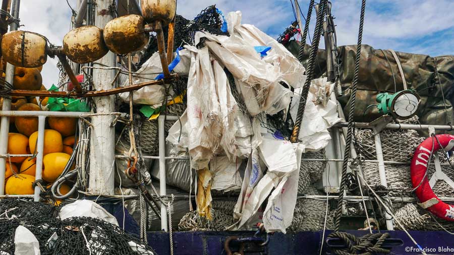 On a purse-seine tuna fishing vessel, buoys, netting, and used plastic salt bags. Photo: Francisco Blaha.