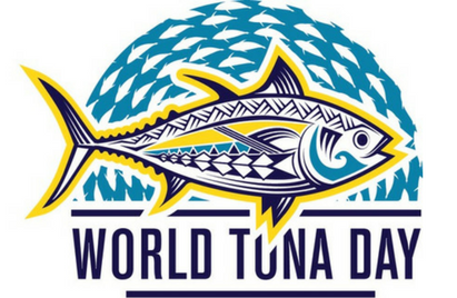 Pacific Islands Forum Fisheries Agency logo for World Tuna Day 2021 shows a tuna decorated with Pacific Island motifs with a sea of tuna behind it