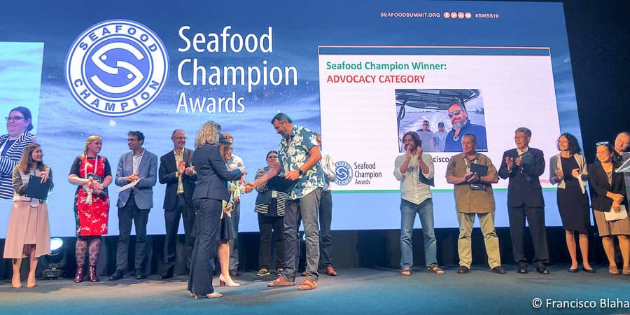 Francisco Blaha on stage being awarded the SeaWeb Seafood Champion for advocacy in Bangkok in June 2019 (Photo: Francisco Blaha)