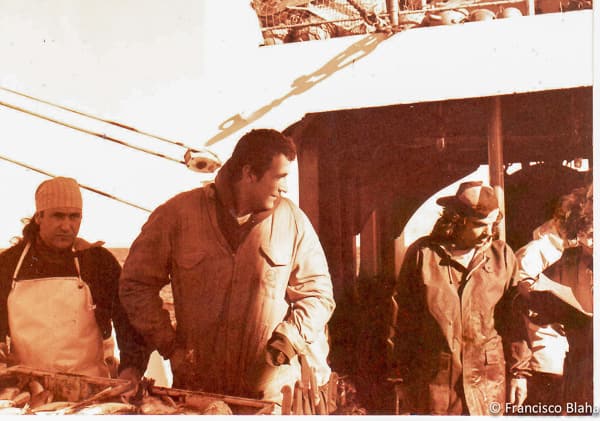 Francisco (centre) in his early fishing days, on a trawler in the South Atlantic Ocean in 1990 (Photo: Francisco Blaha)