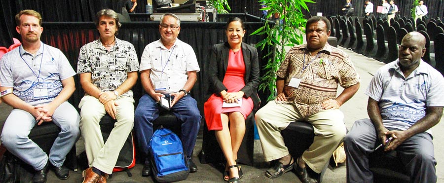 Finally able to relax after the intense days of the WCPFC16 meeting: sitting together L–R, Mr Bubba Cook (World Wildlife Fund), Mr Graham Holmes (Pew Charitable Trusts), Mr Eugene Pangelinan (Forum Fisheries Committee), Dr Manu Tupou-Roosen (Forum Fisheries Agency), Mr Noan Pakop (Nationa Fisheries Agency), and Mr Ludwig Kumoro (Parties to the Nauru Agreement Office)