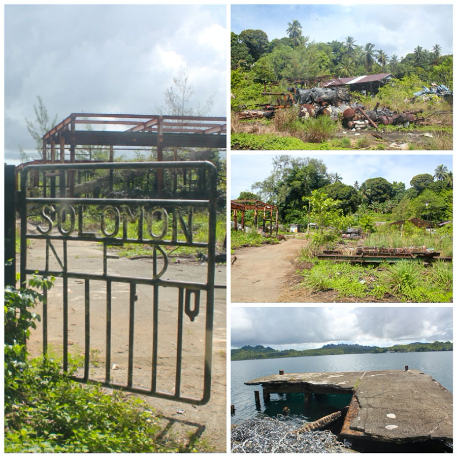 Composite of four photos showing remains of Solomon Taiyo/National Fisheries Development (NFD) base on Tulagi Island, Central Islands province, Solomon Islands. Photos: Ronald F. Toito’ona