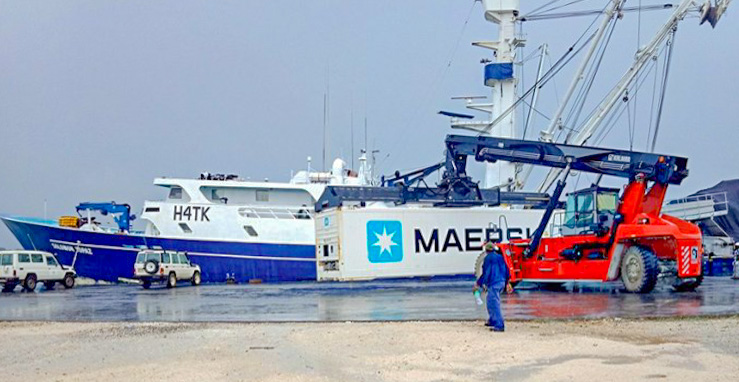 Purse-seine tuna fishing vessel offloading catch at Noro, Solomon Islands