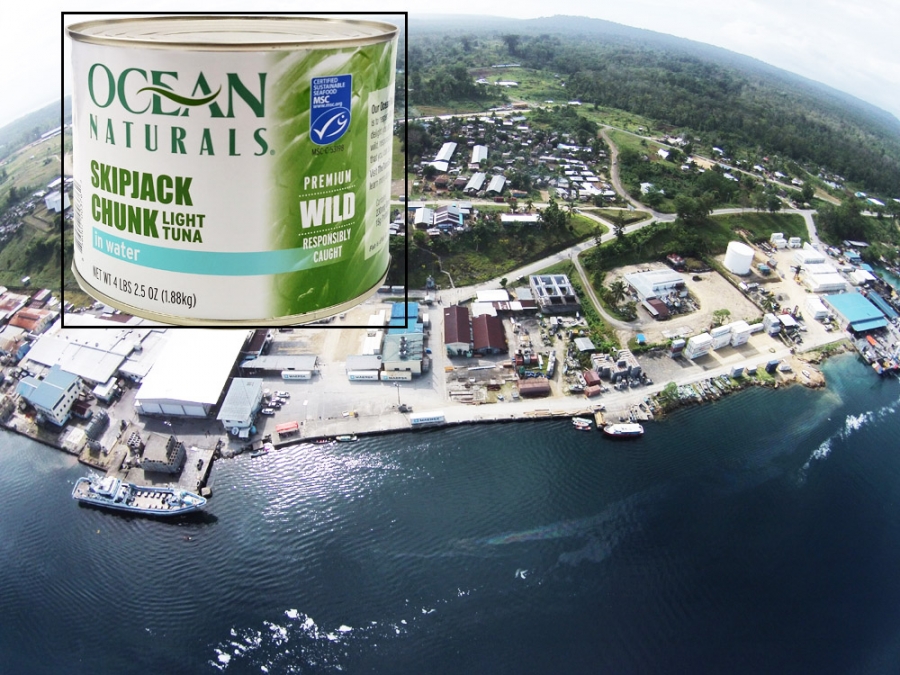 Aerial photo of Noro, Solomon Islands, with inset photo of can of Ocean Naturals skipjack tuna. Photo Solomon Star