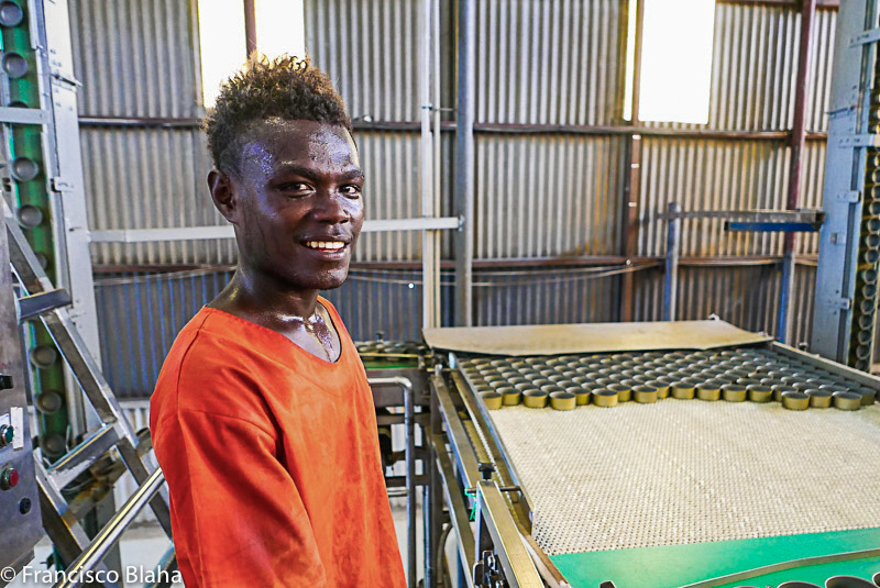 Man standing next to flat table-like area that has empty cans for tuna sitting on it in factory with corrugated metal walls. Photo Francisco Blaha