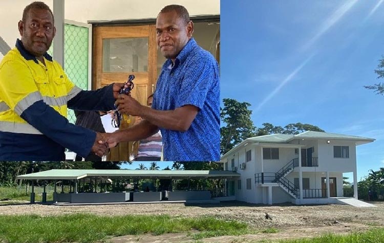 Patterson Lusi (inset, on right) accepts the keys to the newly completed office building (main photo) of Aruligo tilapia hatchery in Guadalcanal. Photo: Simon Tavake.