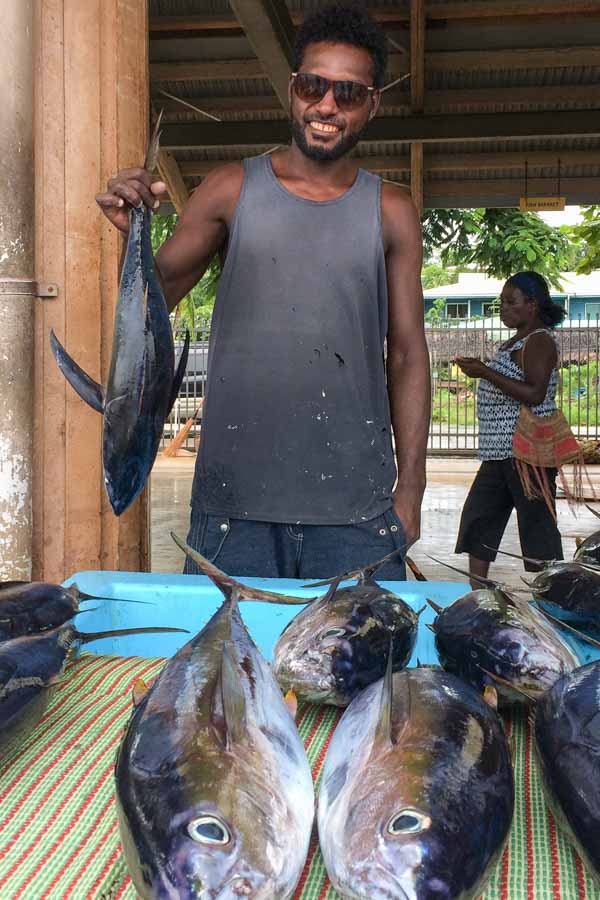 Wesley Misu sells his tuna catches at the Gizo Fish Market, Solomon Islands. Photo George J Maelagi.