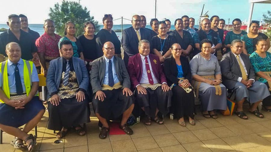 Two rows of dignitaries and guests at Tonga World Oceans Day 2021, with Tongan environment minister Hon. Poasi Tei 4th from left in front row. Photo Iliesa Tora.