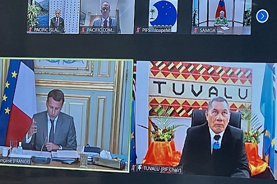 Screenshot of Zoom meeting with multiple heads of state showing from Tuvalu and France